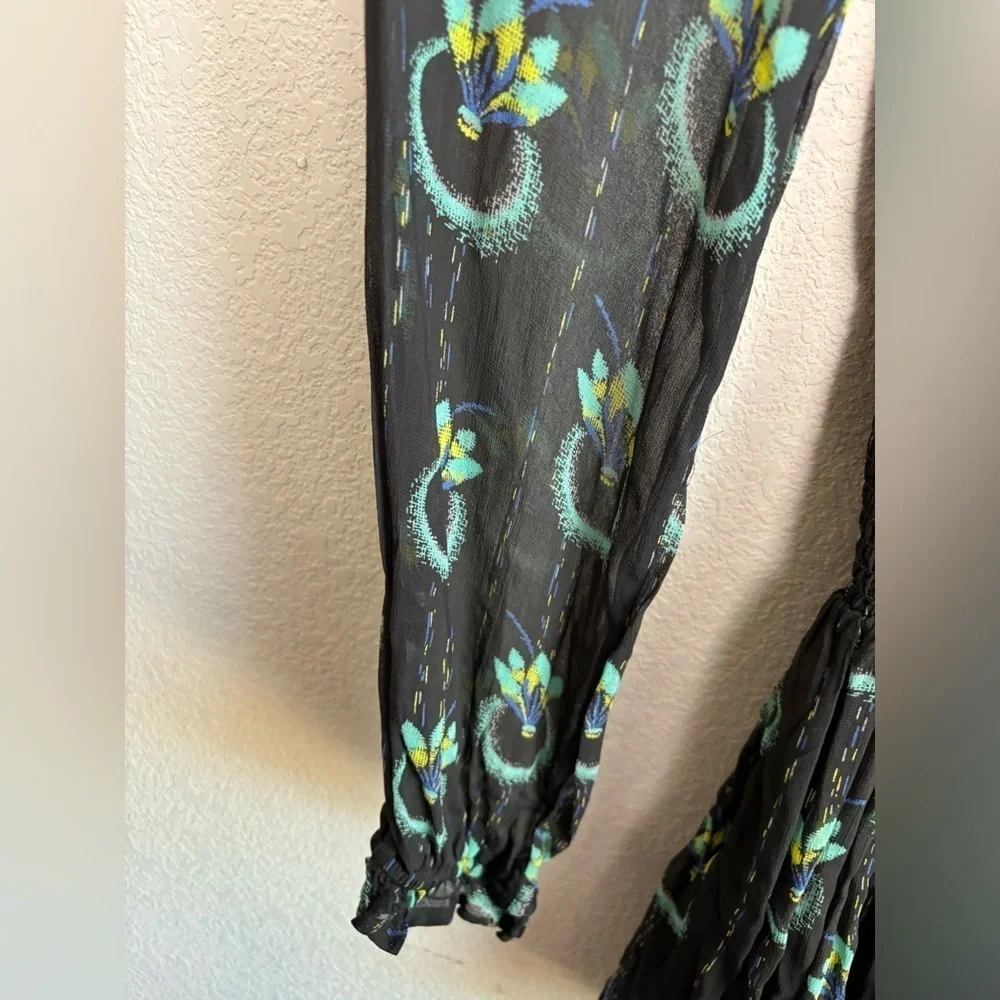 Free People Black Wild Horses Peacock Print Boho Long Sleeve Flounce Hem Dress M